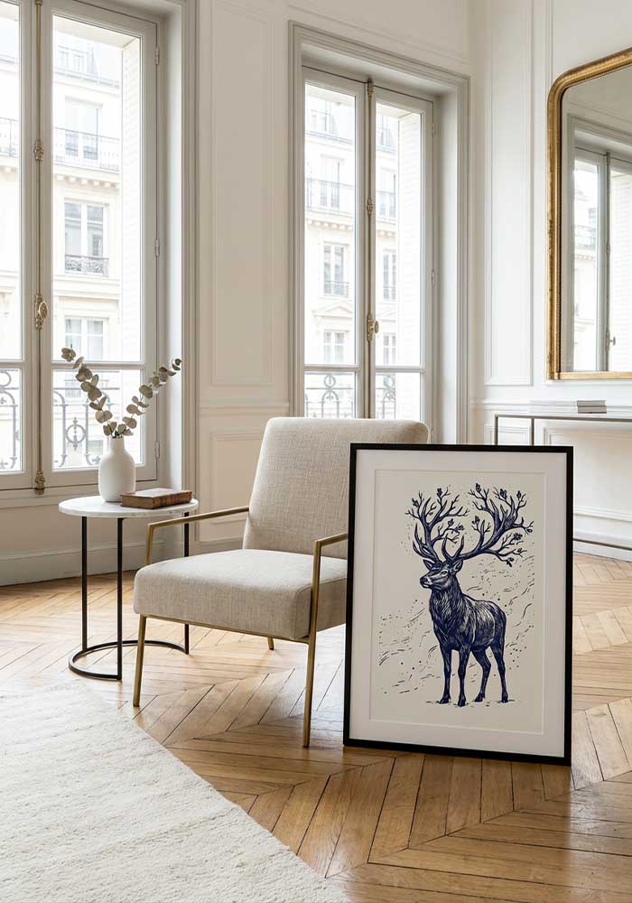 Indigo linocut stag poster with branching antlers on textured white.