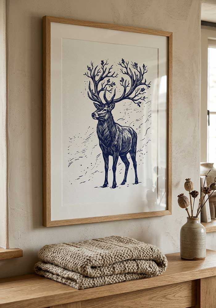Indigo linocut stag poster with branching antlers on textured white.