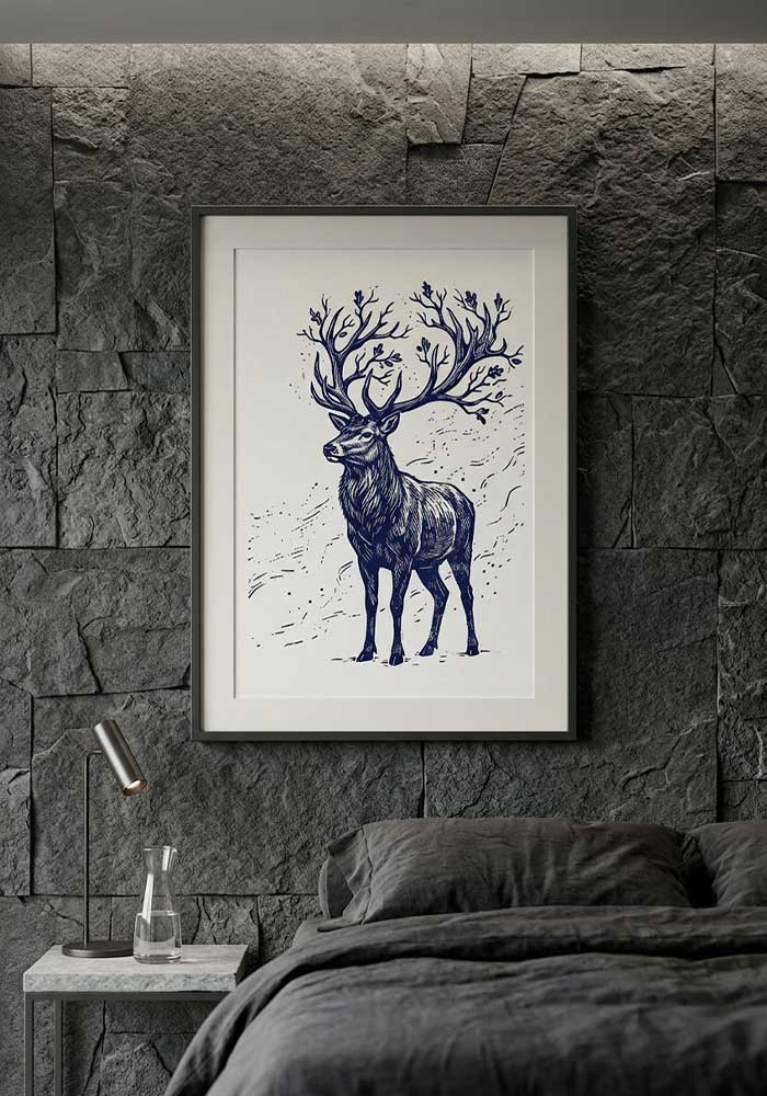 Indigo linocut stag poster with branching antlers on textured white.