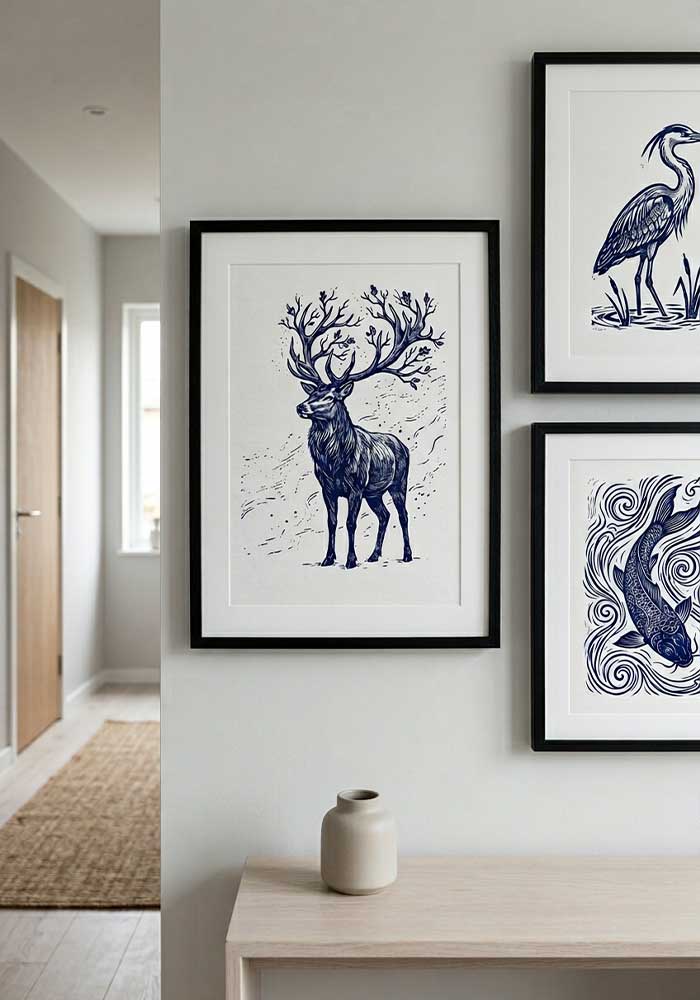 Indigo linocut stag poster with branching antlers on textured white.