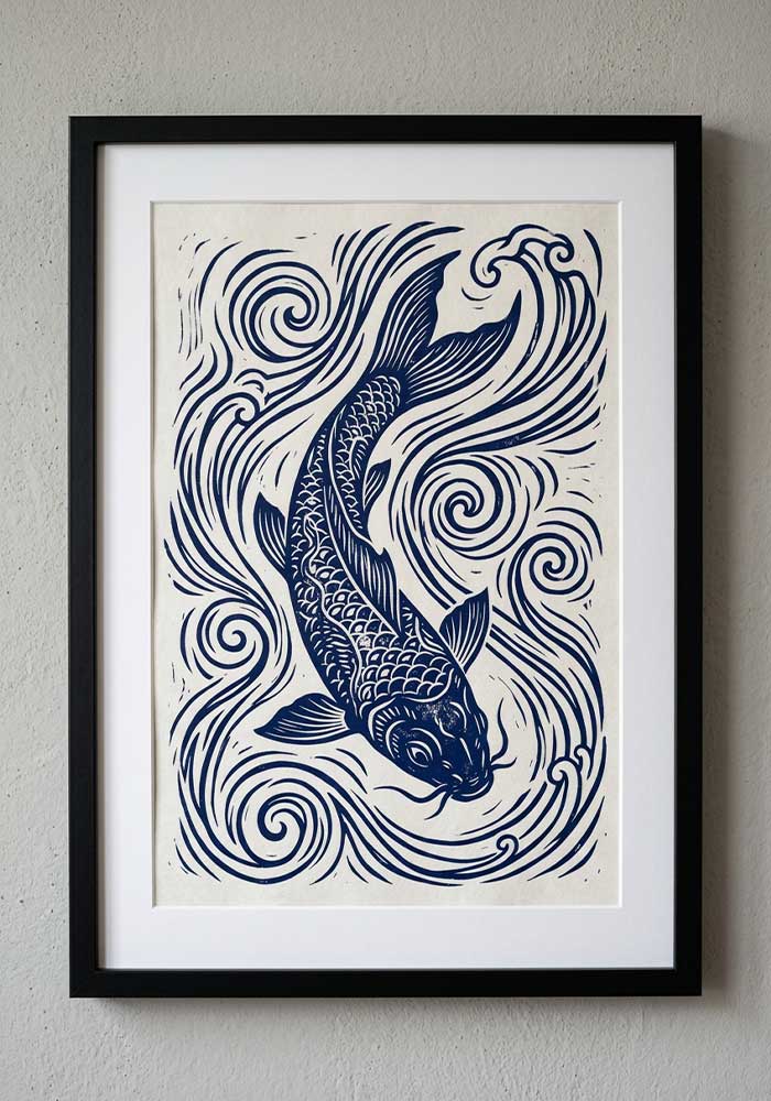 Indigo linocut koi fish with swirling water on textured white.