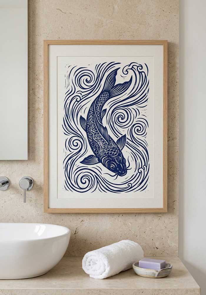 Indigo linocut koi fish with swirling water on textured white.