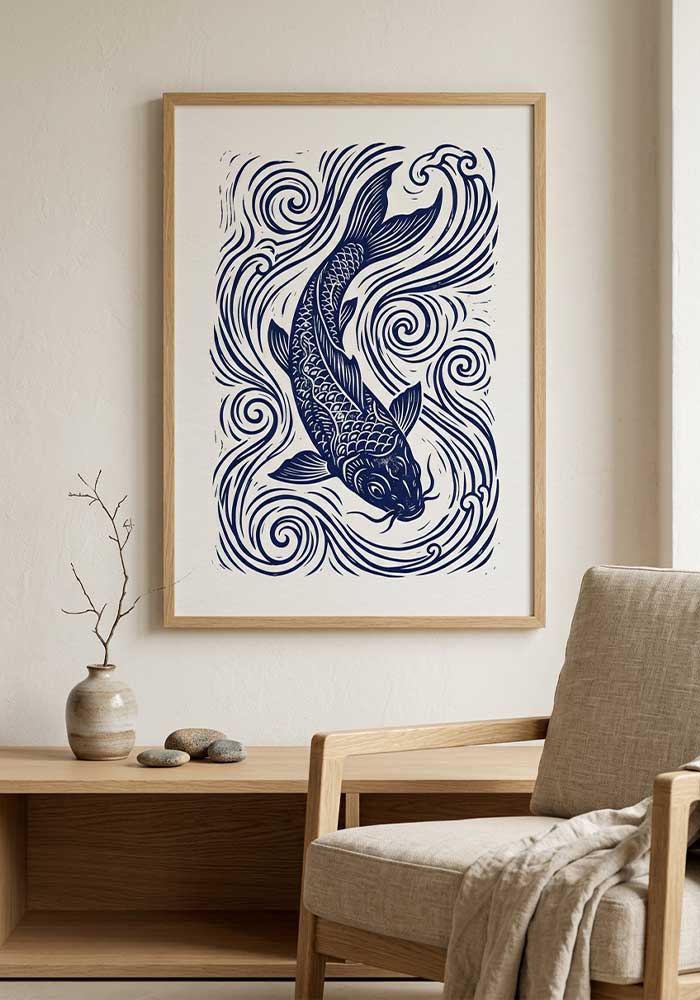 Indigo linocut koi fish with swirling water on textured white.