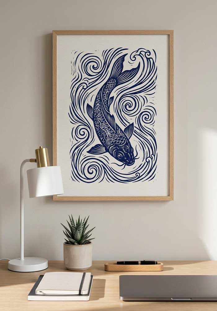 Indigo linocut koi fish with swirling water on textured white.