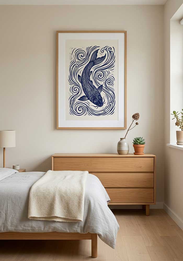 Indigo linocut koi fish with swirling water on textured white.